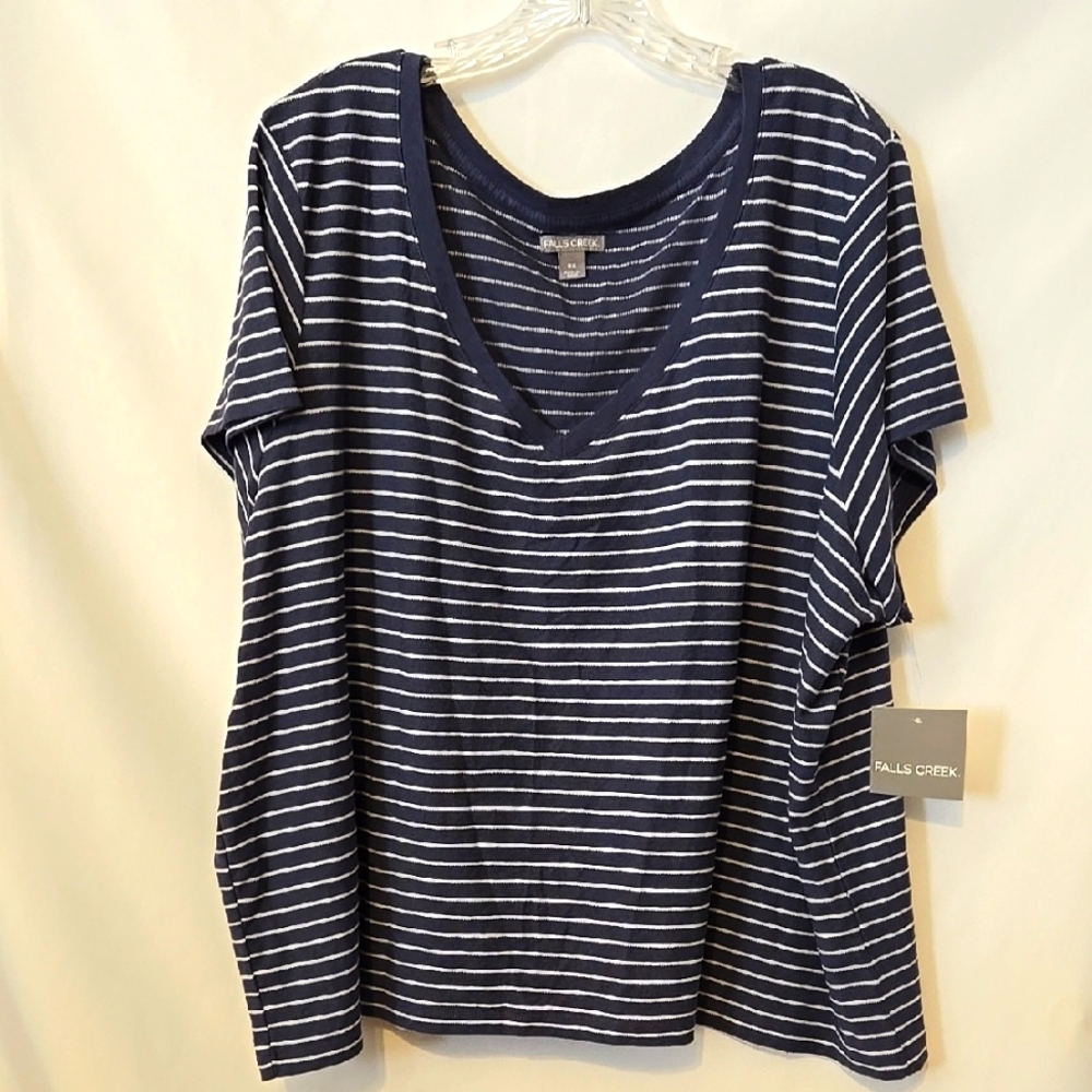 Falls Creek, Short Sleeve Top, V-neck T-shirt, Tee, Striped, Blue, White, 3X
